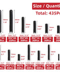 Size chart for Premium 435-Piece Roll Pin Set by AIMUNOK with slotted tension pins, split dowels, expansion pins, M1.5 to M6 sizes.