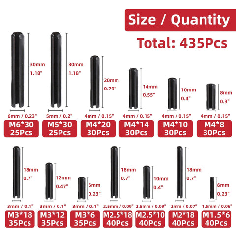 Size chart for Premium 435-Piece Roll Pin Set by AIMUNOK with slotted tension pins, split dowels, expansion pins, M1.5 to M6 sizes.