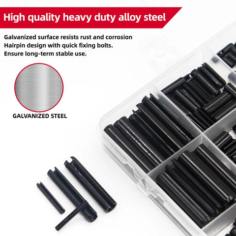 Premium 435-Piece Roll Pin Set By AIMUNOK with slotted tension pins, split dowels, expansion pins in clear compartment case, galvanized steel