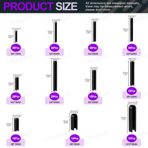 230 Piece Black Metric Roll Pin Set With Storage Case Includes 11 Sizes M2 M3 M4 M5 M6 M8 M10 Slotted Spring Pins sizes chart