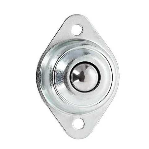 Close-up of a single 1/2 inch carbon steel flange mounted roller ball transfer bearing, part of the 16 Pcs 1/2 Inch Roller Ball Transfer Bearings Flange Mounted Carbon Steel Units for Conveyors Roller Stands Transmission and Furniture with Smooth 360 Degree Rotation 22 lb Load set.