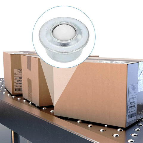 5/8 Inch Roller Ball Transfer Bearings 8 Pcs Nylon and Carbon Steel Round Ball Units shown on conveyor with boxes