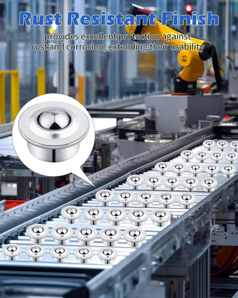 5/8" Roller Ball Transfer Bearing, 120PCS CY-15H Carbon Steel Ball Bearing Rollers shown installed on conveyor system.