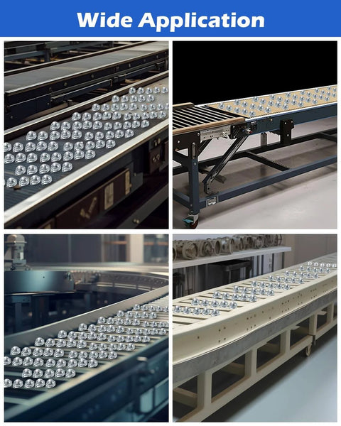 Image showing 30 Pcs 1/2 Inch Roller Ball Transfer Bearings Carbon Steel Ball Casters in use on conveyors and roller stands.