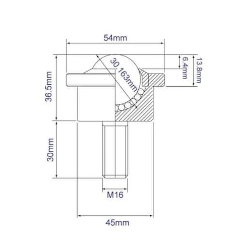 Technical diagram of 5/8 Inch Roller Ball Transfer Units M8 Stud Mounted Heavy Duty Ball Transfers with dimensions