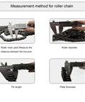 Measurement methods for roller chain pitch, diameter, pin length, and plate thickness with digital calipers.