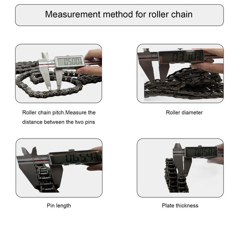Measurement methods for roller chain using a caliper, showing pitch, diameter, pin length, and plate thickness measurements.