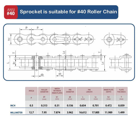 Technical illustration of ANSI #40 roller chain dimensions for 12.7mm Pitch Roller Chain Sprocket 36 Teeth, 1 Inch Bore, B Type.