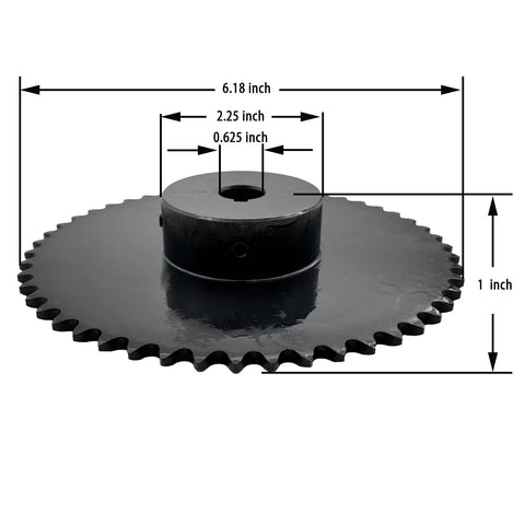 Built to Last ANSI 35 Type B Roller Chain Sprocket, 50 Teeth with 3/8 Pitch, 5/8 Inch Bore, side view with dimensions