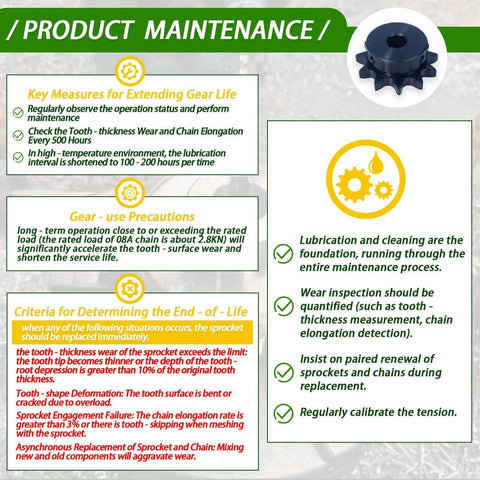 Infographic outlining maintenance tips for #50 Roller Chain Sprocket 20 Tooth 1" Bore, highlighting gear lifespan, lubrication, and inspection.