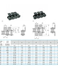 Technical diagram and specifications of 1.5 Meter 80 Link Short Pitch Roller Conveyor Chain With K1 K2 Attachment