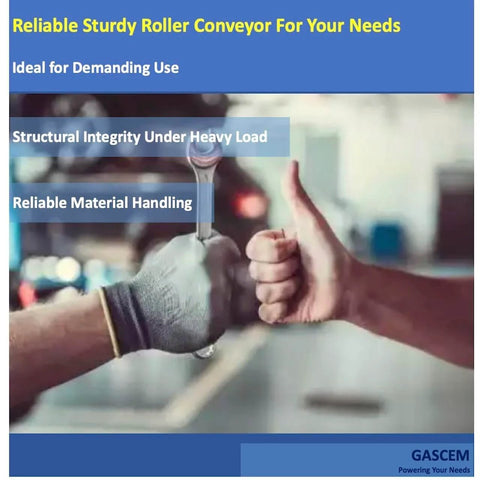 Thumbs up and handshake promoting structural integrity and reliable material handling in roller conveyors.