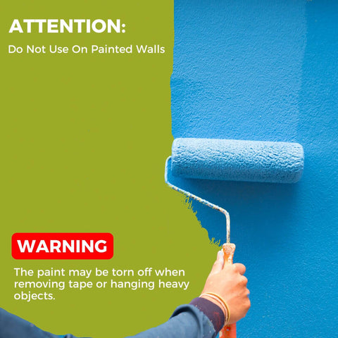 Person painting wall blue with roller, warning not to use Double Sided Tape Heavy Duty Mounting Tape 1.18 Inch By 10 Feet Nano Adhesive on painted walls.