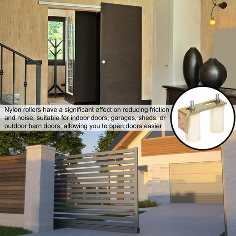 Slide Gate Guide Roller Set With 4-Inch Adjustable Nylon Rollers And L-Shape Bracket For Sliding Doors On Rails, beige shown installed