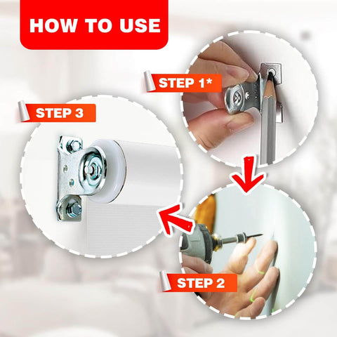 Three-step installation guide for Heavy Duty Roller Shade Bracket Set For Window Drapery Hardware including mounting brackets with screws.