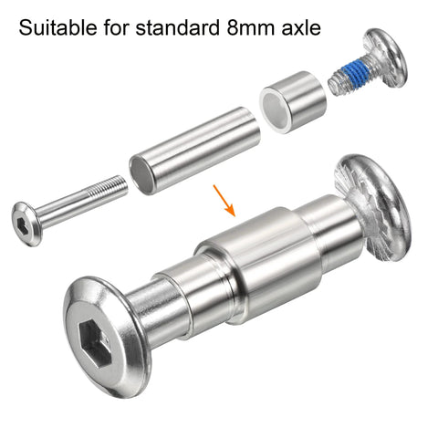 Inline Skate Axle Bearing Spacers Kit, 8 Pack, Aluminum 6mm Axle Spacers 24mm Long, Silver, for Roller Skates, exploded view of components