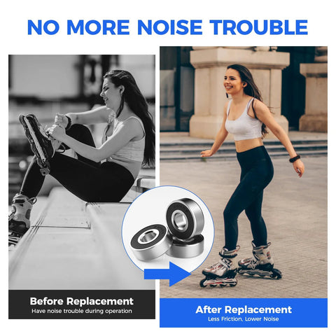 Woman roller skating using Set Of 30 Premium 608 2RS Ball Bearings With Double Rubber Seals For Ultra Smooth Rotation and long-lasting durability.