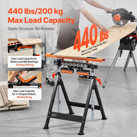 ✝️ 4-in-1 Roller Stand, 440 lb Load Capacity, 33-50 in Adjustable Height, Folding Heavy Duty with Rack & Polished Multi-Directional Roller Head in use with table saw