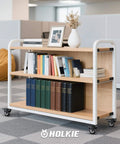 Rolling wooden bookshelf on 2 Inch Stem Caster Wheels Total Locking Set of 4 in modern office setting