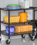 Heavy Duty Rolling Cart With Wheels For Commercial Kitchens And Food Service, 3 Tier Utility Cart, Industrial Metal Kitchen Trolley With Handle Bar And Shelf Liner, Black, Folews loaded with various items in a kitchen setting.
