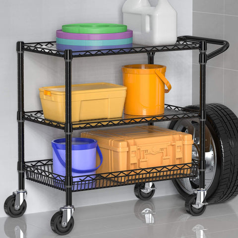 Heavy Duty Rolling Cart With Wheels For Commercial Kitchens And Food Service, 3 Tier Utility Cart, Industrial Metal Kitchen Trolley With Handle Bar And Shelf Liner, Black, Folews loaded with various items in a kitchen setting.