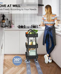 Versatile 3 Tier Rolling Cart With Mesh Baskets Lockable Wheels Metal Storage Cart in kitchen setting with woman cooking.