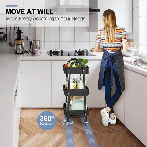 Versatile 3 Tier Rolling Cart With Mesh Baskets Lockable Wheels Metal Storage Cart in kitchen setting with woman cooking.