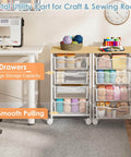 Rolling Storage Cart With Four Drawers And Wooden Top Metal Frame Lockable Wheels And Smooth Slide Drawers A Must Have Craft Organizer For Living Room Bedroom Office And Classroom In Bright White next to sewing machine in craft room.