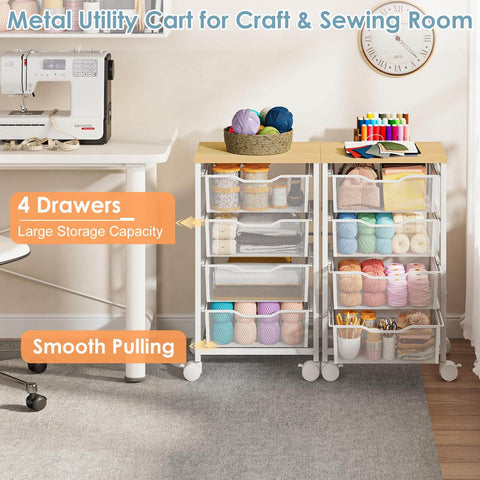 Rolling Storage Cart With Four Drawers And Wooden Top Metal Frame Lockable Wheels And Smooth Slide Drawers A Must Have Craft Organizer For Living Room Bedroom Office And Classroom In Bright White next to sewing machine in craft room.