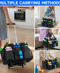 Pro Grade Large Rolling Cleaning Caddy Bag With Detachable Trolley And Shoulder Strap, Durable Cleaning Cart On Wheels, black, in use