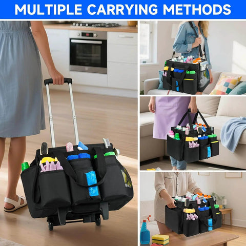 Pro Grade Large Rolling Cleaning Caddy Bag With Detachable Trolley And Shoulder Strap, Durable Cleaning Cart On Wheels, black, in use