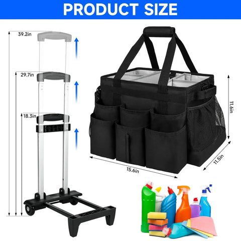 Pro Grade Large Rolling Cleaning Caddy Bag With Detachable Trolley And Shoulder Strap, Durable Cleaning Cart On Wheels Black