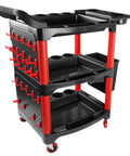 Auto Detailing Cart On Wheels Three Tier Rolling Detail Organizer with Long Hanging Plate and Hooks, Pro Grade Polyamide Shelves