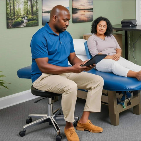 Rolling Exam Stool with Wheels, 18.5 Inch to 25 Inch Adjustable Height for Dentists, Spas, & Healthcare Environments, 5 Casters, Easy Assembly, Black in use in healthcare setting