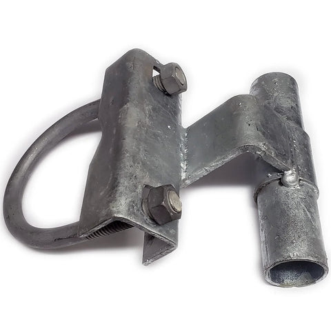 Rolling Sliding Gate Track Bracket For 1-5/8 Inch Track Pipe And Post, metal construction, bolts, close-up view