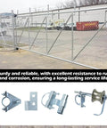 Installed Rolling Gate Hardware Kit for Chain Link Gate Sliding Gate Hardware with visible components and sturdy gate in background