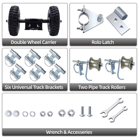 Rolling Gate Hardware Kit for Chain Link Gate Sliding Gate Hardware components including wheels, track brackets, and tools.