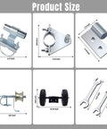 Rolling Gate Hardware Kit for Chain Link Gate Sliding Gate Hardware product size chart with measurements and components.