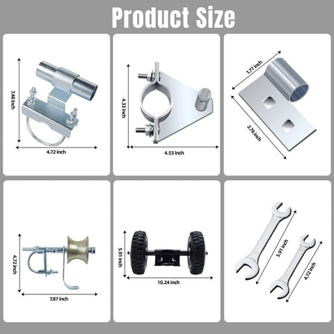 Rolling Gate Hardware Kit for Chain Link Gate Sliding Gate Hardware product size chart with measurements and components.