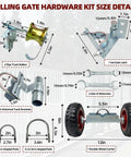 Rolling Gate Hardware Kit for Farm Fence and Sliding Gates with 6 Inch Double Wheel Carrier, track rollers, brackets, and wrenches.