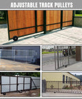 Collage of different sliding gates with adjustable track pulleys, featuring metal and wooden gate designs in various settings.