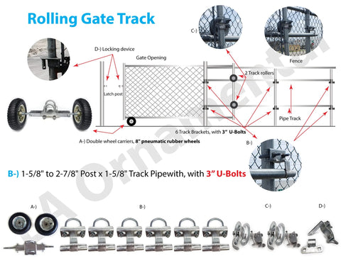 Rolling Sliding Gate Track Bracket For 1-5/8 Inch Track Pipe And Post, Fits Chain Link Fence Posts From 1-5/8 To 2-7/8 Inches, Compatible With 1-5/8 Inch Track Wheels And Gate Carrier Wheel Set, Pack Of Two diagram and components