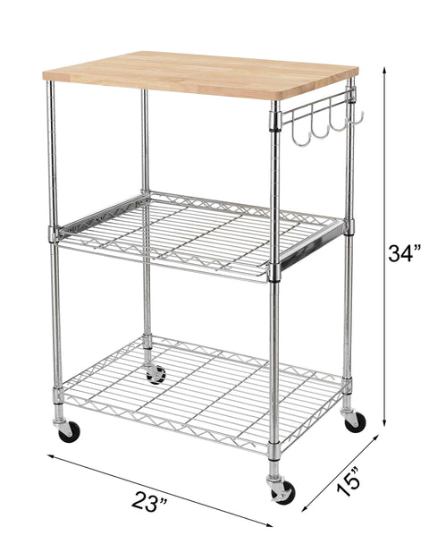 Heavy Duty 3 Tier Rolling Kitchen Cart Workhorse With Oak Wood Top And Drawer Slider Chrome Finish Four Wheels Hooks For Utensils 300 Lb Total Capacity Multi Function Kitchen Island Cart For Cooks And Caterers Finnhomy