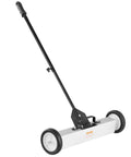 Effortless, heavy duty rolling magnetic sweeper with a 24 inch wide magnet and 50 lb pickup capacity, mounted on wheels and handle