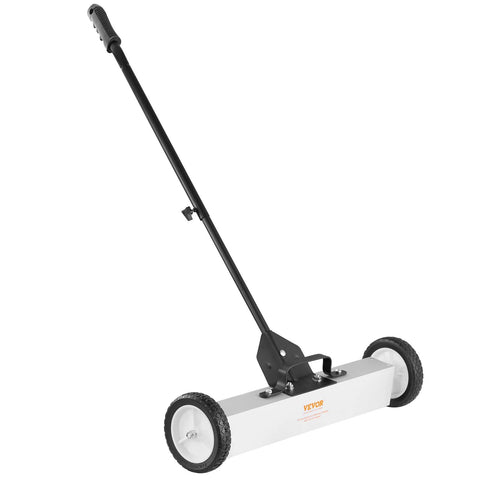 Effortless, heavy duty rolling magnetic sweeper with a 24 inch wide magnet and 50 lb pickup capacity, mounted on wheels and handle