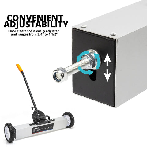 24 Inch Rolling Magnetic Floor Sweeper With 50 Pound Capacity And Adjustable Handle From 29 To 42 Inches showing adjustability feature