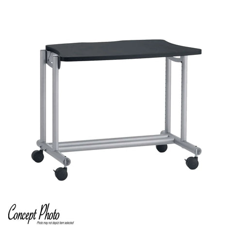 Compact rolling table with black top and silver frame on casters, ideal for mobility in small spaces, shown from a front angle.