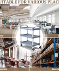 Heavy Duty 3 Tier Plastic Utility Cart With Wheels displayed in various locations including library, office, restaurant, warehouse