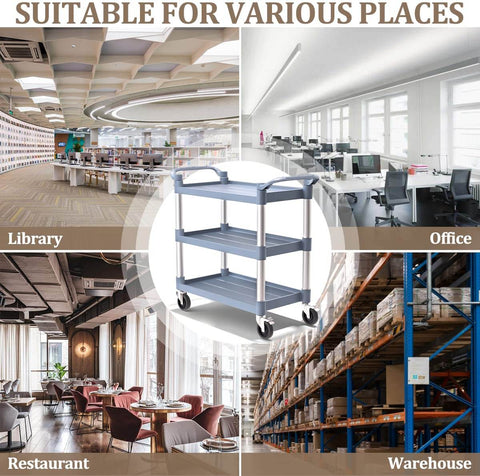Heavy Duty 3 Tier Plastic Utility Cart With Wheels displayed in various locations including library, office, restaurant, warehouse