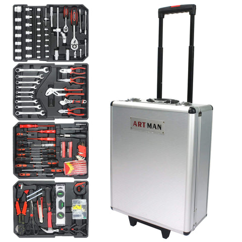 Beefed-Up All In One Large Capacity Repair Toolkit For Home Auto Garden And Handyman, Includes Emergency Car Fixes Plus Water, Electrical, And Woodworking Kits, Rolling Luggage Style Toolbox With Drawer Compartments For Easy Access On The Go Black